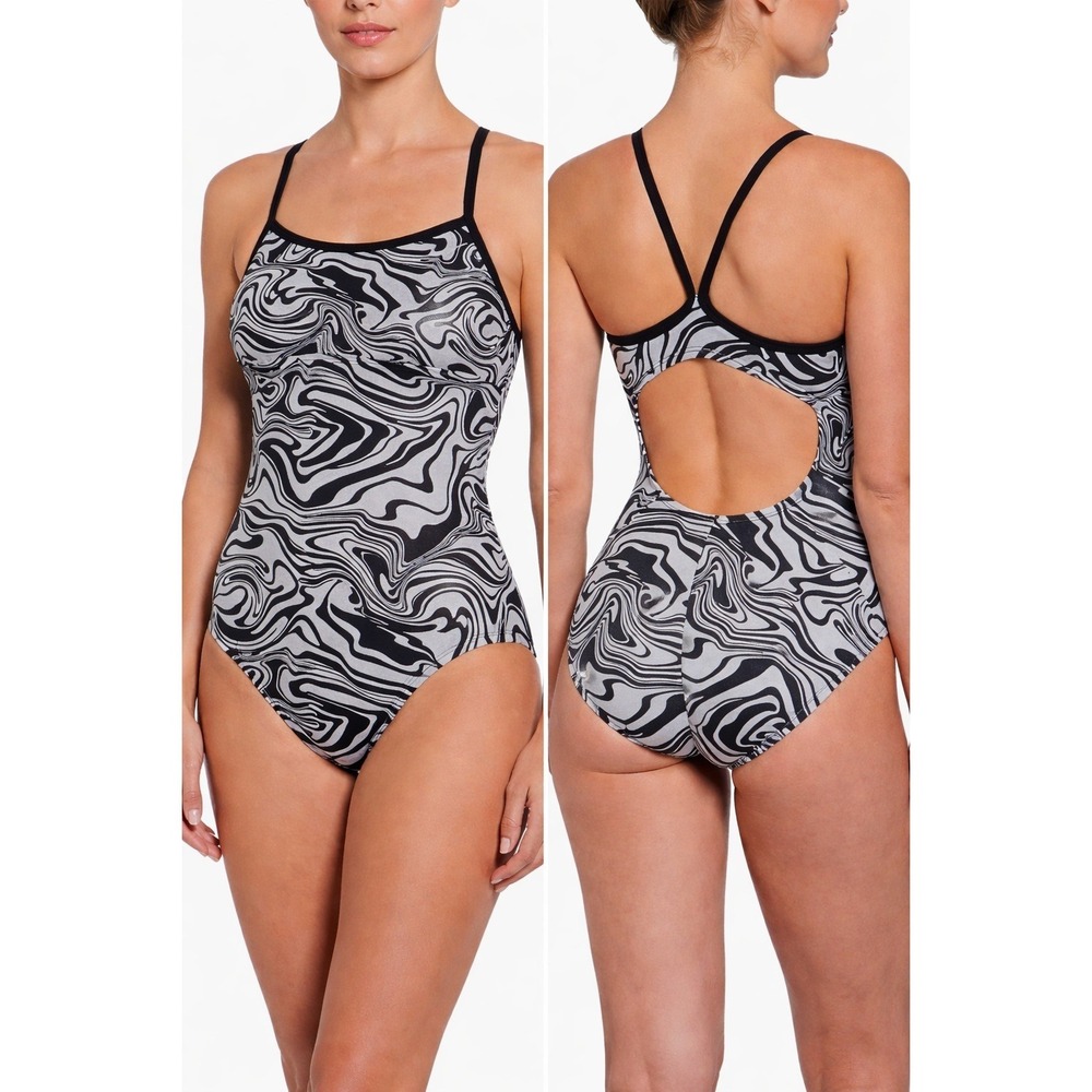 Nike Swirl Racerback One Piece Swimsuit Women Size L Black Gray Retro Beach NWT